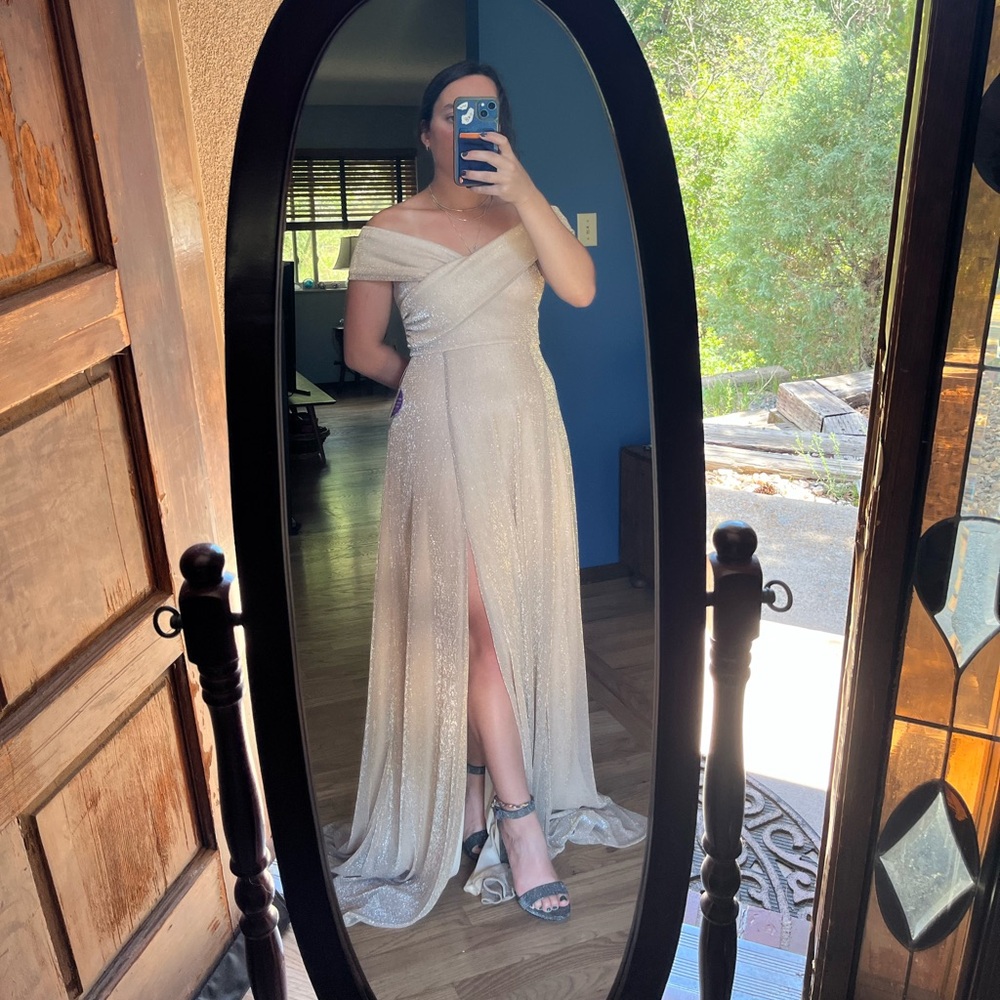 Gold off-the-shoulder maxi dress